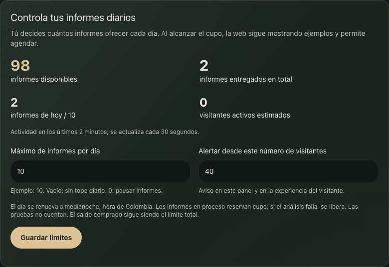 Captura real del panel: saldo y control diario